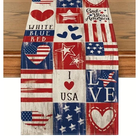 Table runner 13x72in American Flag I love USA Patriotic Linen God Bless America - Picture 1 of 2